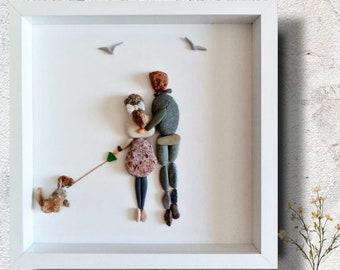 Couple with dog pebble art, Personalized pet owner gift, Handmade stone art, Custom couple portrait, Rock art decor, Unique wall art