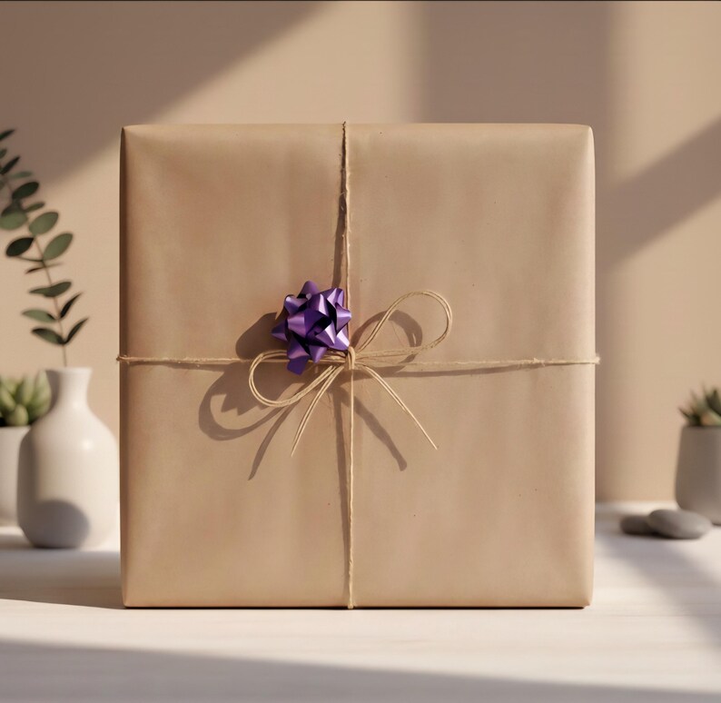 May include: A square gift box wrapped in plain light brown paper. The package is tied with thin, natural-colored twine arranged in a simple bow. A small, shiny, metallic purple decorative bow is attached to the center of the twine knot.