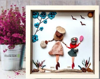 Arte familiar con piedras, retrato personalizado de madre e hija, regalo para mamá, regalo de cumpleaños para mamá, regalo del Día de la Madre, imágenes de arte en piedra.
