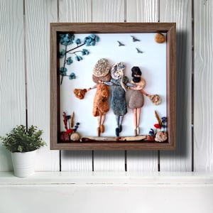 Gift for girlfriend , Gift for sister, Stone art friends, Pebble art decoration brown frame gift object birthday present wall accessory art