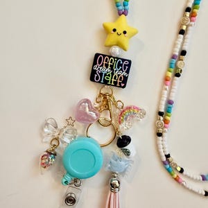 Office Staff Lanyard Badge Reel | Cute Beaded Retractable ID Holder with Charms | Office Dream Team Gift