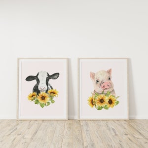 Cow and Pig Print, Farmhouse Decor, Set of 2 prints, Spring Flowers wall art, Pig Print, Cow Prints, Farmhouse Prints, Nursery Print. image 1