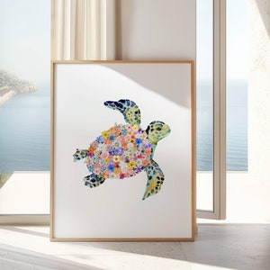 Turtle Print, Sea Turtle Decor, Watercolor Flowers, Sea Turtle Printable, Coastal Wall Art, Turtle Art Print, Ocean Animal Poster, Nursery.