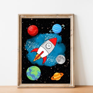 Space Print, Space Wall Art, Boy's Room Decor, Boy's Nursery Print, Space Printable, Spaceship Print, Planet Decor, Planet Print, Space Art image 1