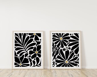 Organic Flowers Prints, Abstract Prints, Abstract Botanical Wall Art, Set of 2 Prints, Black Wall Art, Boho Prints. Floral Prints,