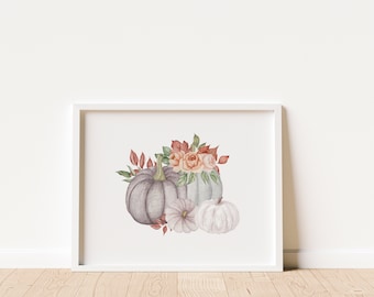 Pumpkin Print, Pumpkin Decor, Fall Decor, Fall Prints, Autumn Wall Art, Fall Wall Art, Watercolor Pumpkins, Floral Decor, Pumpkin printable