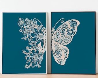 Butterfly and Flowers Wall art print, Abstract Butterfly Wall Decor, Set of 2 Butterfly Wall Decor Print, Set of 2 wall art.