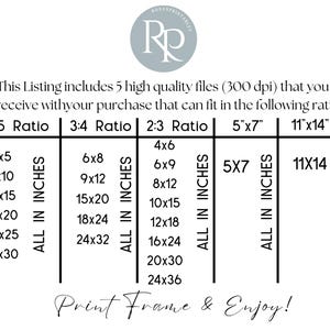 Pode incluir: Um gr&aacute;fico branco com texto e um logotipo. O texto lista os tamanhos de arquivo em polegadas para impress&atilde;o, incluindo 4x5, 8x10, 12x15, 16x20, 20x25 e 24x30. O logotipo &eacute; um c&iacute;rculo com as letras "RP".