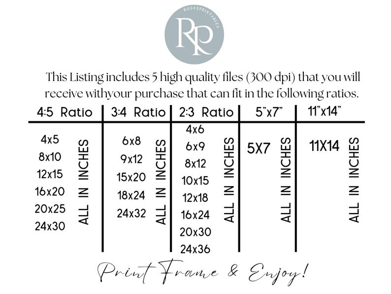 Pode incluir: Um gr&aacute;fico branco com texto e um logotipo. O texto lista os tamanhos de arquivo em polegadas para impress&atilde;o, incluindo 4x5, 8x10, 12x15, 16x20, 20x25 e 24x30. O logotipo &eacute; um c&iacute;rculo com as letras "RP".