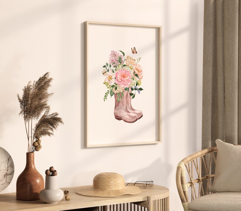 Spring Prints, Summer Prints, Spring Floral Prints, Floral Designs, Boots with flowers print, Spring wall art, Spring Rain boots. image 2