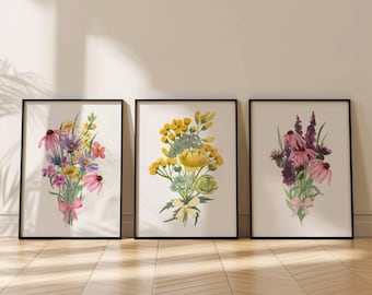 Juego de 3 impresiones de flores silvestres, impresiones florales, decoración de flores silvestres, impresiones de flores silvestres, impresión botánica, arte de pared de flores silvestres, decoración de sala de estar.