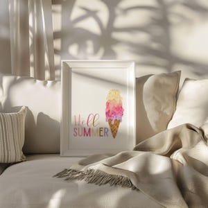 May include: A white framed print with the text "Hello Summer" in colorful letters and a watercolor illustration of a melting ice cream cone with pink, purple, and yellow ice cream.