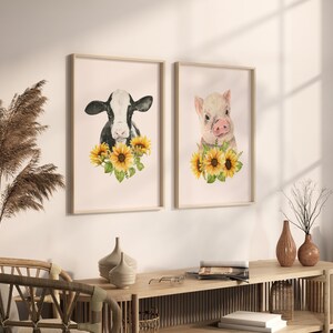 Cow and Pig Print, Farmhouse Decor, Set of 2 prints, Spring Flowers wall art, Pig Print, Cow Prints, Farmhouse Prints, Nursery Print. image 2