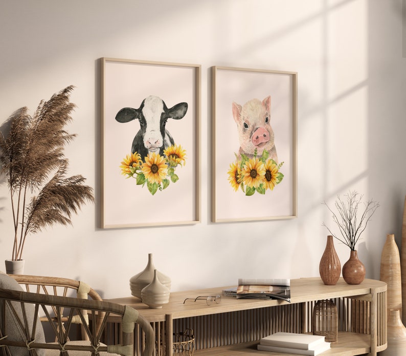 Cow and Pig Print, Farmhouse Decor, Set of 2 prints, Spring Flowers wall art, Pig Print, Cow Prints, Farmhouse Prints, Nursery Print. image 2