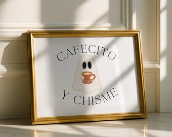 Cafecito y Chisme Print, Halloween Coffee Art, Coffee Lover Gift, Kitchen Decor, Spooky Coffee Decor, Coffee Print, Mexican Print