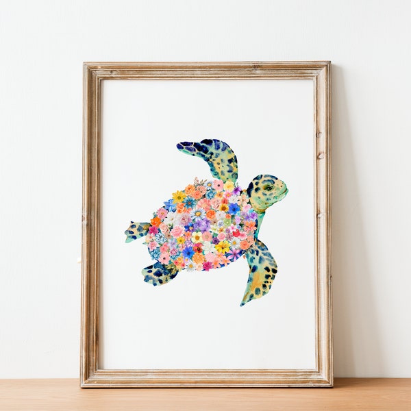 Turtle Print, Sea Turtle Decor, Watercolor Flowers, Sea Turtle Printable, Coastal Wall Art, Turtle Art Print, Ocean Animal Poster, Nursery.