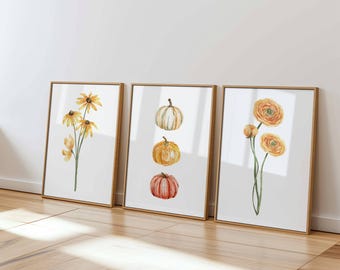 Fall Prints, Set of 3 Fall Prints, Fall Decor, Pumpkin Prints, Pumpkin Decor, Fall Printable, Seasonal Prints, Flower Prints, Fall Wall Art.