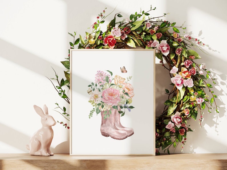 Spring Prints, Summer Prints, Spring Floral Prints, Floral Designs, Boots with flowers print, Spring wall art, Spring Rain boots. image 5