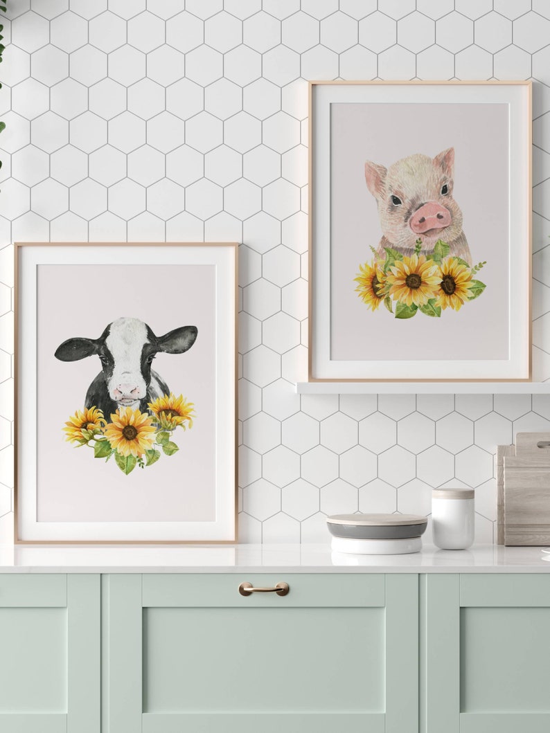 Cow and Pig Print, Farmhouse Decor, Set of 2 prints, Spring Flowers wall art, Pig Print, Cow Prints, Farmhouse Prints, Nursery Print. image 5