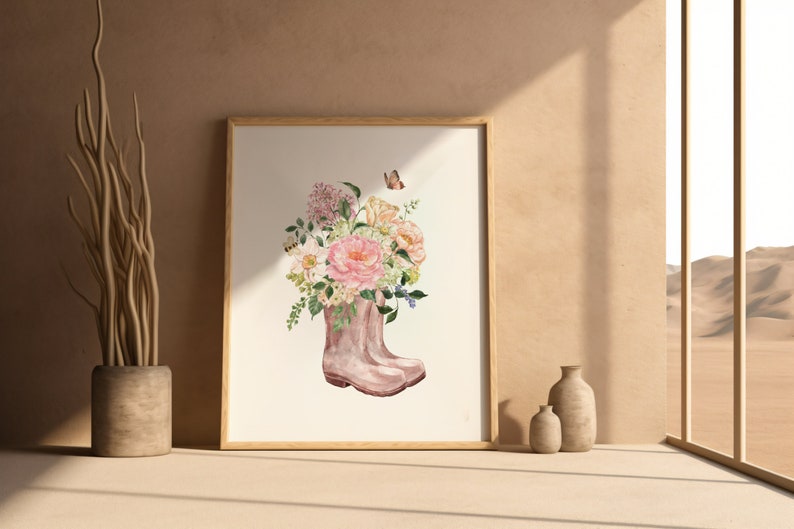 Spring Prints, Summer Prints, Spring Floral Prints, Floral Designs, Boots with flowers print, Spring wall art, Spring Rain boots. image 3