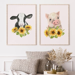 Cow and Pig Print, Farmhouse Decor, Set of 2 prints, Spring Flowers wall art, Pig Print, Cow Prints, Farmhouse Prints, Nursery Print. image 3