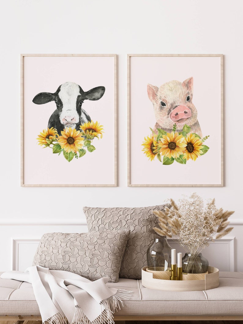 Cow and Pig Print, Farmhouse Decor, Set of 2 prints, Spring Flowers wall art, Pig Print, Cow Prints, Farmhouse Prints, Nursery Print. image 3