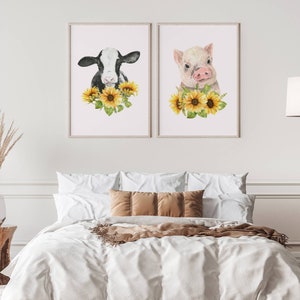 Cow and Pig Print, Farmhouse Decor, Set of 2 prints, Spring Flowers wall art, Pig Print, Cow Prints, Farmhouse Prints, Nursery Print. image 6