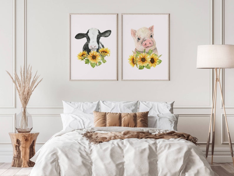 Cow and Pig Print, Farmhouse Decor, Set of 2 prints, Spring Flowers wall art, Pig Print, Cow Prints, Farmhouse Prints, Nursery Print. image 6