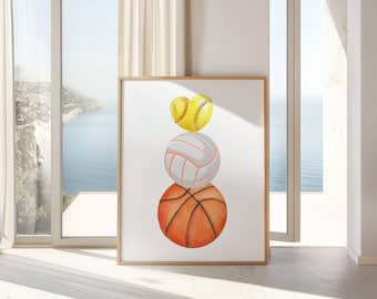 Estampas esportivas, decoração esportiva, estampas de basquete, estampas de softball, estampas de vôlei, decoração para quarto de menina, decoração para quarto, arte de parede esportiva.