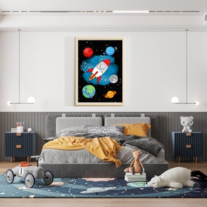 Space Print, Space Wall Art, Boy's Room Decor, Boy's Nursery Print, Space Printable, Spaceship Print, Planet Decor, Planet Print, Space Art image 2