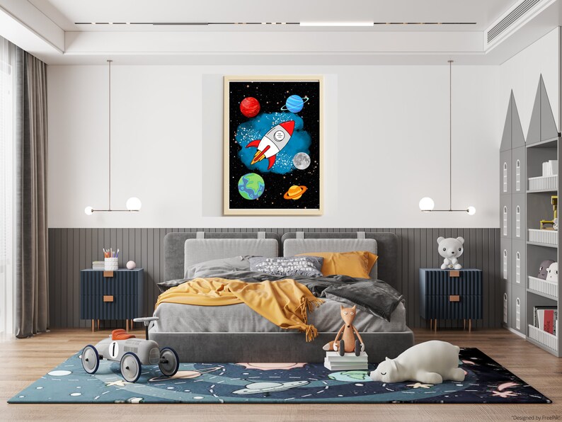 Space Print, Space Wall Art, Boy's Room Decor, Boy's Nursery Print, Space Printable, Spaceship Print, Planet Decor, Planet Print, Space Art image 2