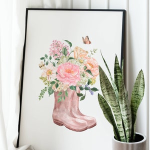 Spring Prints, Summer Prints, Spring Floral Prints, Floral Designs, Boots with flowers print, Spring wall art, Spring Rain boots. image 4