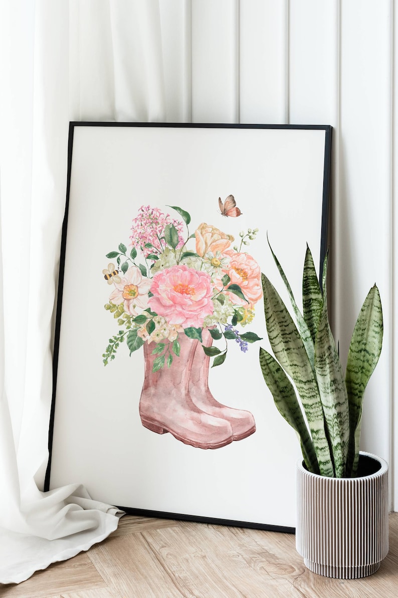 Spring Prints, Summer Prints, Spring Floral Prints, Floral Designs, Boots with flowers print, Spring wall art, Spring Rain boots. image 4