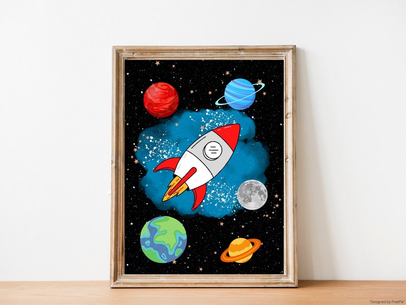 Space Print, Space Wall Art, Boy's Room Decor, Boy's Nursery Print, Space Printable, Spaceship Print, Planet Decor, Planet Print, Space Art image 1