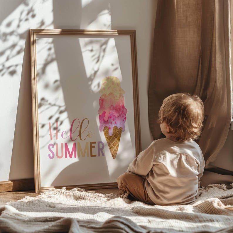 May include: A framed print with the text "Hello Summer" and a watercolor illustration of a pink, yellow, and purple ice cream cone.