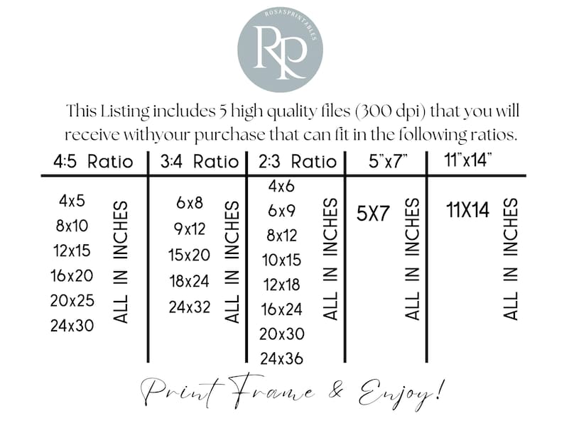 May include: A chart showing different print sizes for digital downloads in inches. The chart is divided into five columns, each representing a different aspect ratio: 4:5, 3:4, 2:3, 5"x7", and 11"x14". The chart lists various print sizes in inches for each ratio.