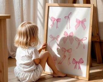 Pink Bow Print, Nursery Wall Art, Coquette Style Decor (Digital Download)