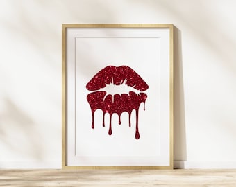 Red Glitter Dripping Lips Print, Trendy Makeup Room Decor (Digital Download)