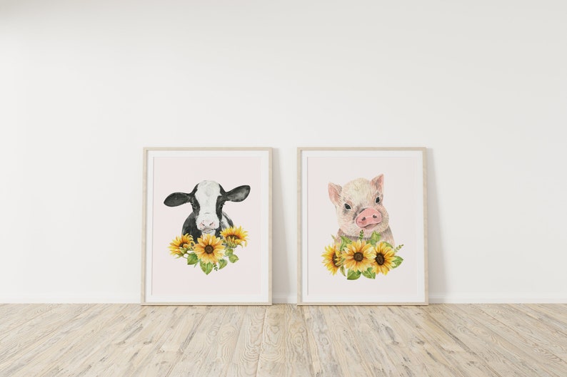 Cow and Pig Print, Farmhouse Decor, Set of 2 prints, Spring Flowers wall art, Pig Print, Cow Prints, Farmhouse Prints, Nursery Print. image 1