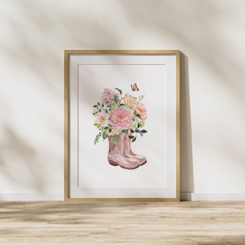 Spring Prints, Summer Prints, Spring Floral Prints, Floral Designs, Boots with flowers print, Spring wall art, Spring Rain boots. image 1