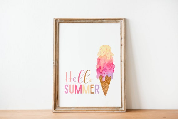 Hello Summer Print, Hello Summer Printable, Summer Decor, Summer Wall art, Seasonal Prints, Summer Printable, Ice Cream Cone Print.