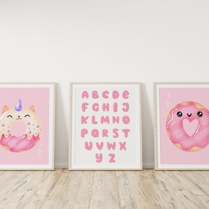 Set of 3 Donut alphabet, Donut Decor, Girl&#39;s bedroom wall art, Donut Wall prints, Cute decor, Nursery Decor, Alphabet Poster, Alphabet Print