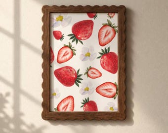 May include: A rectangular wall art print featuring a repeating pattern of red strawberries and white strawberry blossoms on a cream background, enclosed within a dark brown wooden frame with a scalloped, wavy edge design along the border.