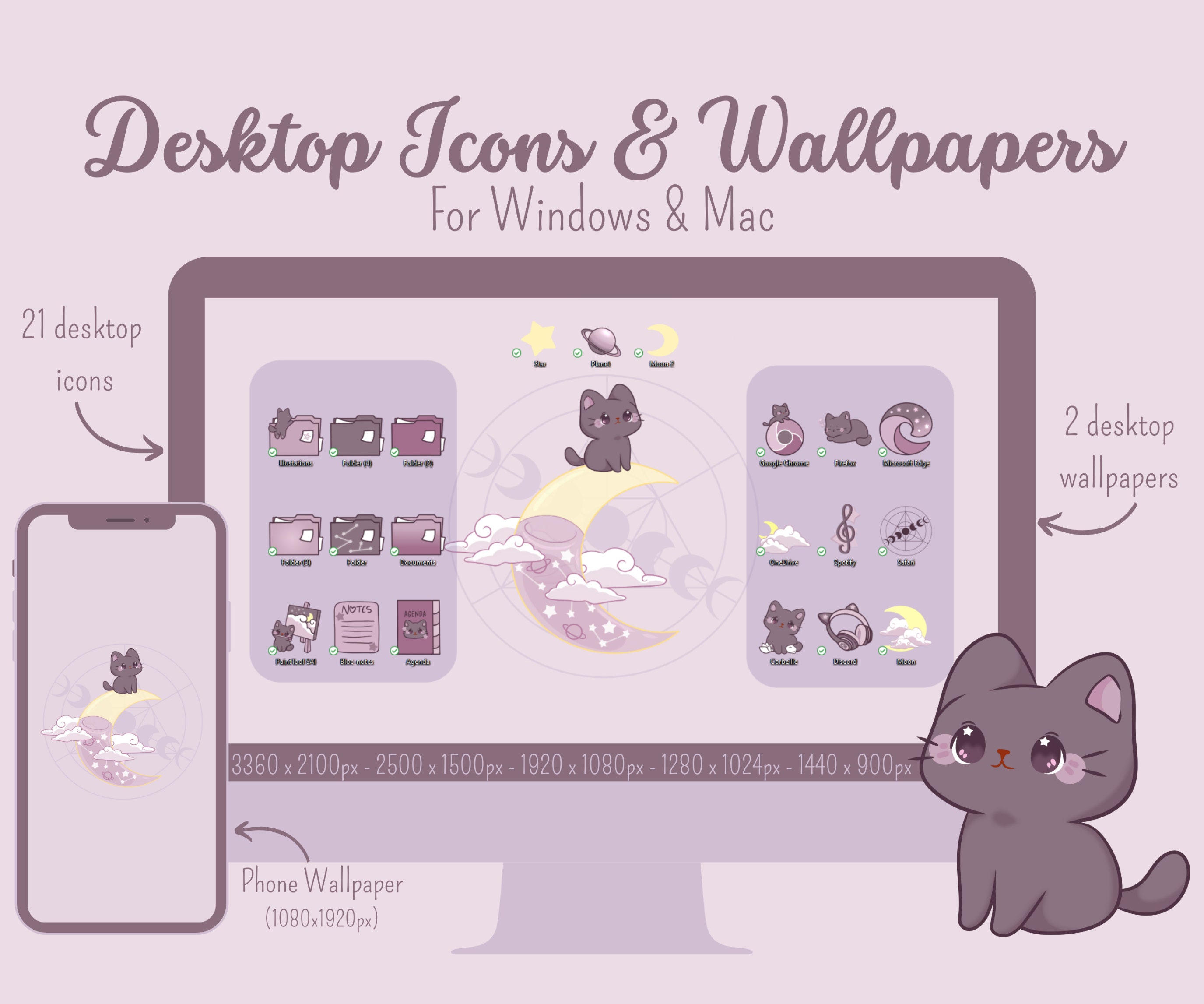 Cute Cat Folder Icons Neutral Denim Windows and (Instant Download) 