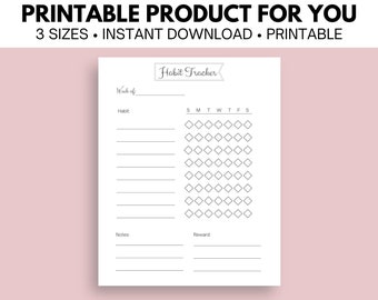 May include: Printable habit tracker with a black and white design. The tracker has a section for the week of, habit, notes, and reward. It also has a grid for tracking habits for each day of the week.