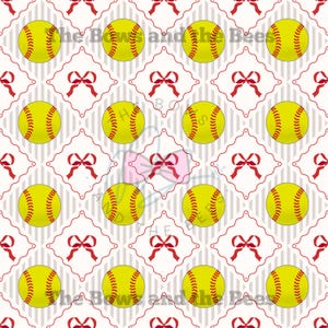 May include: A repeating pattern featuring yellow softballs with red stitching, set against a backdrop of white diamond shapes with red bows and vertical grey stripes. The text "The Bows and the Bees" is visible.