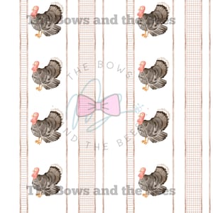 May include: A repeating pattern featuring watercolor turkeys with red wattles and gray feathers, set against a backdrop of vertical stripes in white and tan. The text "The Bows and the Bees" is visible.
