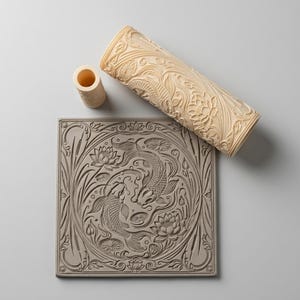 Koi Dragon Texture Roller STL, Lotus Pond Clay Stamp, Pottery Tool (Digital Download)