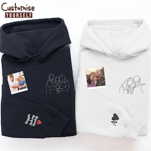 Embroidered Portrait from Photo Hoodie, Custom Family Photo Outline Sketch Hoodie, Personalised Memorial Photo Matching Tops, Christmas Gift