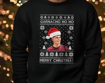 Garnacho Ho Ho Christmas Sweatshirt, Manchester Garnacho Ugly Christmas Sweater, Xmas Football Lovers Printed Jumper, Christmas Gift for Him
